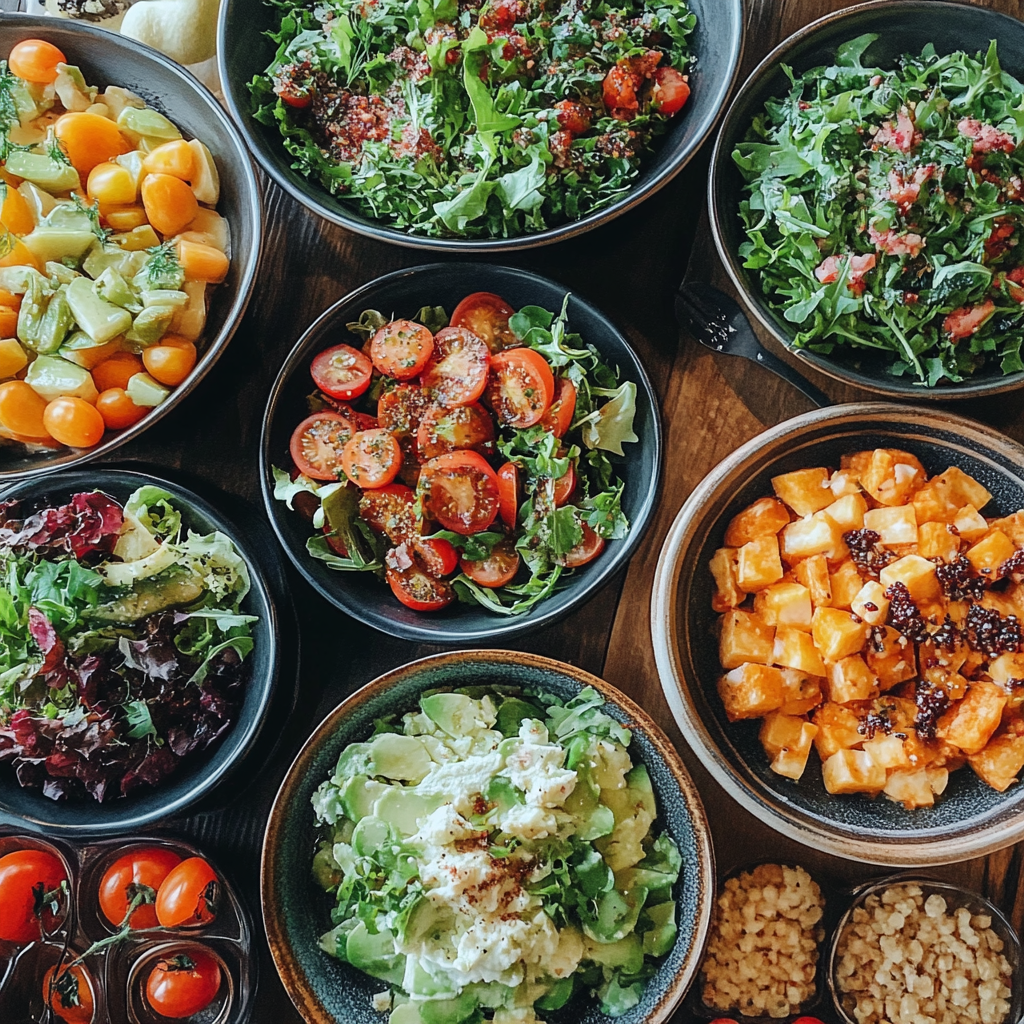 Різноманітні здорові страви на столі, включаючи салати, фрукти та збалансовані основні блюда