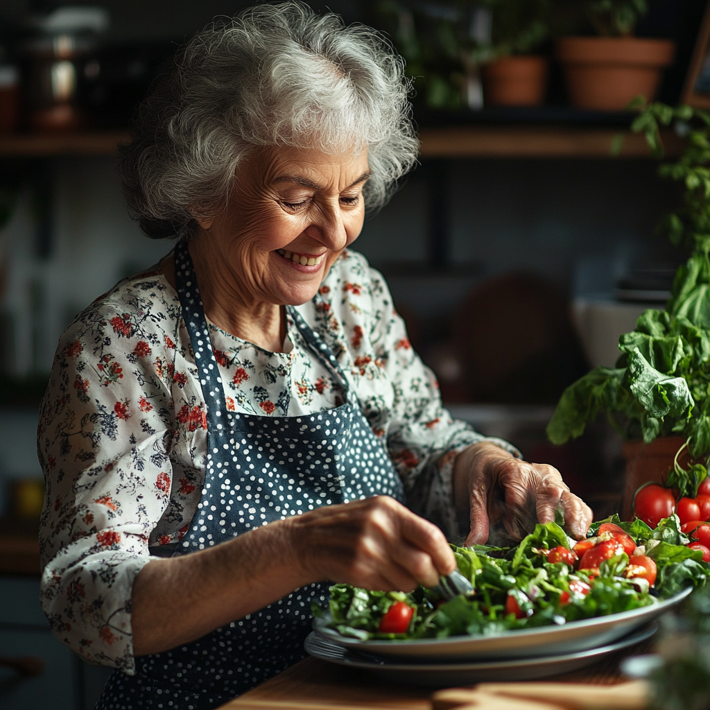 Щаслива жінка з тарілкою здорової їжі, усміхається під час приготування салату на кухні